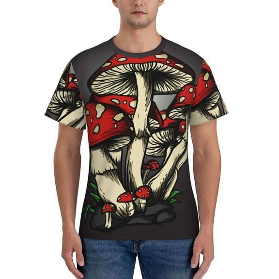 Yiaed Red Mushrooms Print Mens Short Sleeve Tight Fit T-Shirt, Crewneck Casual Tee-XX-Large