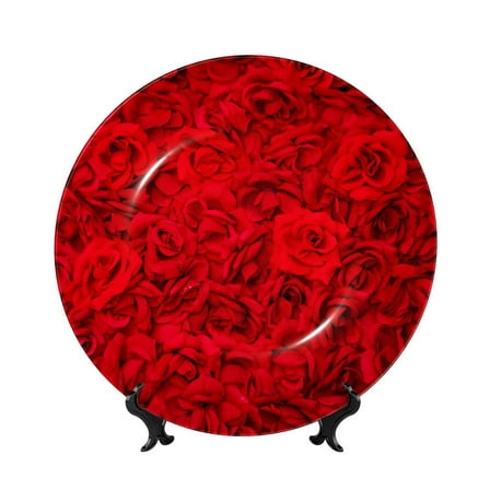 Yiaed Red Rose Print Bone China Decorative Plate Ceramic Dinner Plates Art Crafts with Display Stand-6in
