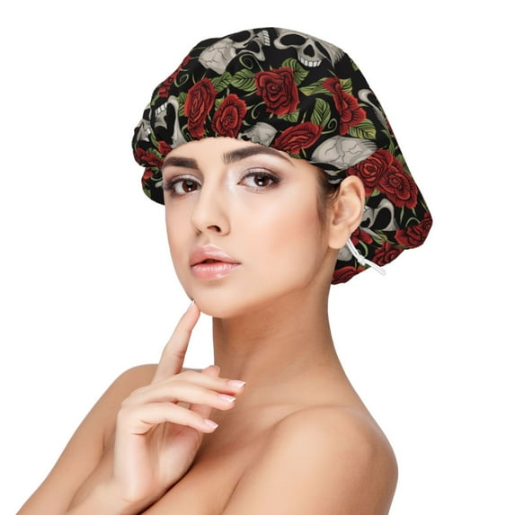 Yiaed Red Rose Skull Print Satin Bonnet Silk Bonnet Hair Bonnet for Sleeping Hair Bonnets