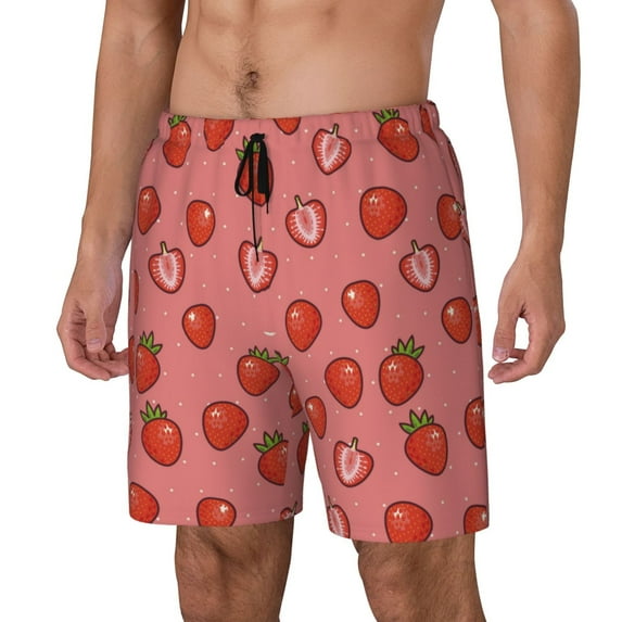 Yiaed Red Strawberry Print Mens Swim Trunks Bathing Suit Compression Liner Beach Swim Shorts Swimwear Quick Dry Zipper Pocket No-Chafing Board Short-Medium