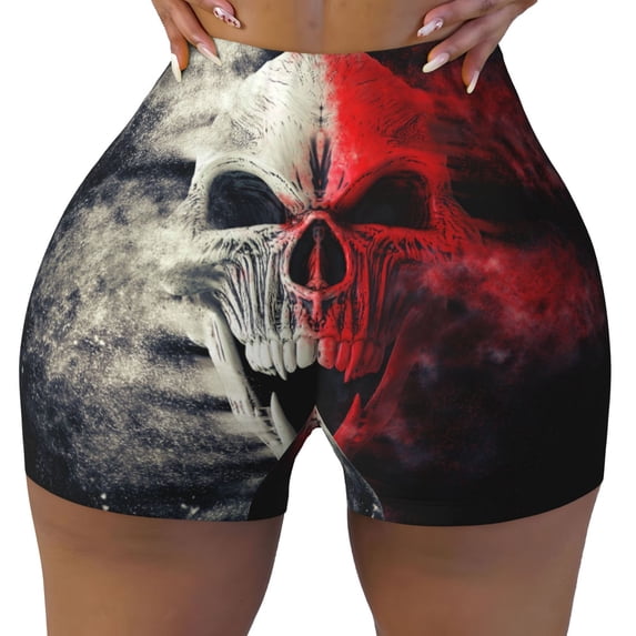 Yiaed Red And White Screaming Demon Skull Print Women's Athletic Shorts Running Shorts Sporty Short High Waisted Elastic Workout Shorts for Yoga Gym Running & Sports -Medium