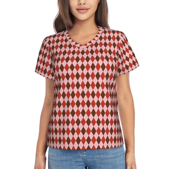 Yiaed Red and Brown Squares Print Women's T Shirt V-Neck Short Sleeve Shirt Casual Breathable Tee Summer Tops-3X-Large