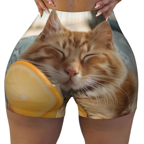 Yiaed Relaxing Cat With Orange Juice Print Women's Athletic Shorts Running Shorts Sporty Short High Waisted Elastic Workout Shorts for Yoga Gym Running & Sports -XX-Large