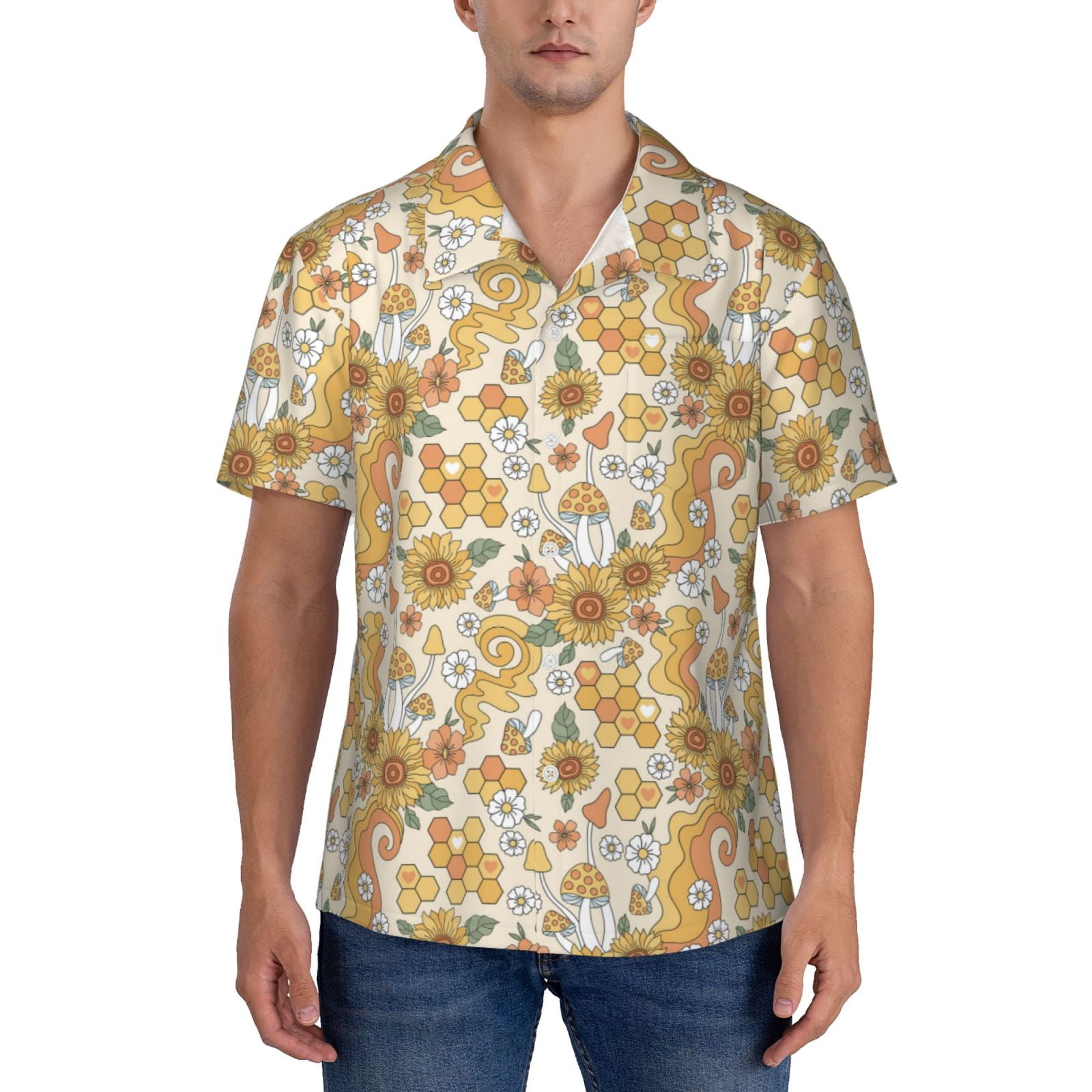 Yiaed Retro 70s 60s Flower Print Hawaiian Shirt for Men