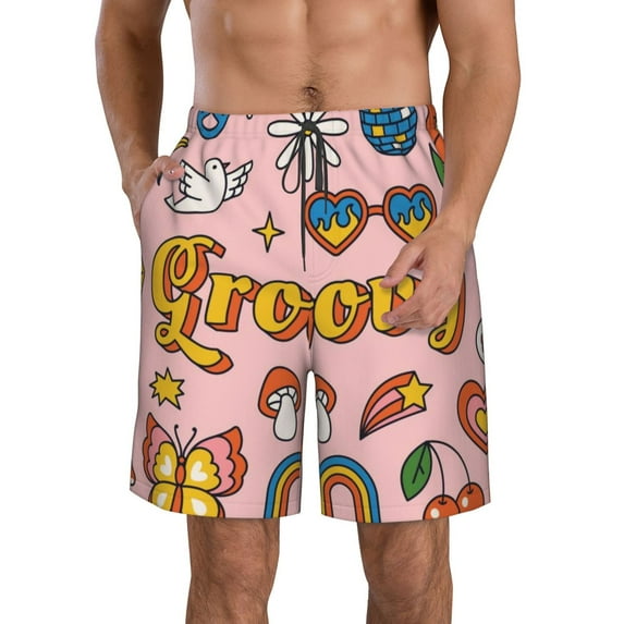 Yiaed Retro 70s Hippie Print Men's Swim Trunks with Lining Quick Dry Sports Shorts Beach Shorts Boardshorts-Small