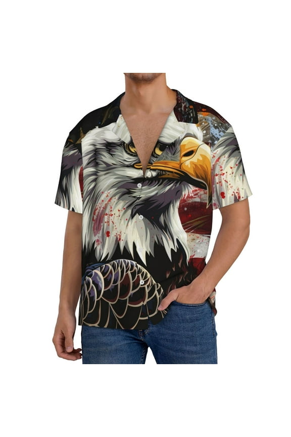 Retro American Eagle A Print Mens Casual Wrinkle Free Shirts Short Sleeve Button Down Summer Stretch Dress Shirt-XX-Large