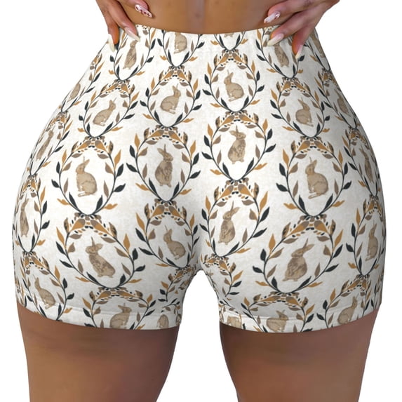 Yiaed Retro Bunny Print Women's Athletic Shorts Running Shorts Sporty Short High Waisted Elastic Workout Shorts for Yoga Gym Running & Sports -Medium