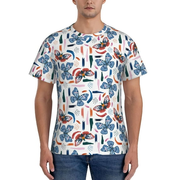 Yiaed Retro Butterfly Print Mens Short Sleeve Tight Fit T-Shirt, Crewneck Casual Tee-Small