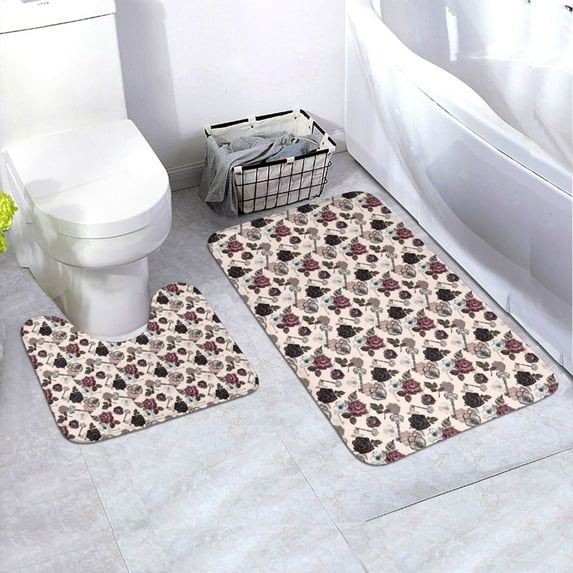 Yiaed Retro Red Black Roses Print Bathroom Mat Set 2 Pieces Mat Anti-Skid Pad Ultra Soft and Absorbent Bathroom Bath Mat Contour Bath Rugs for Toilet Base