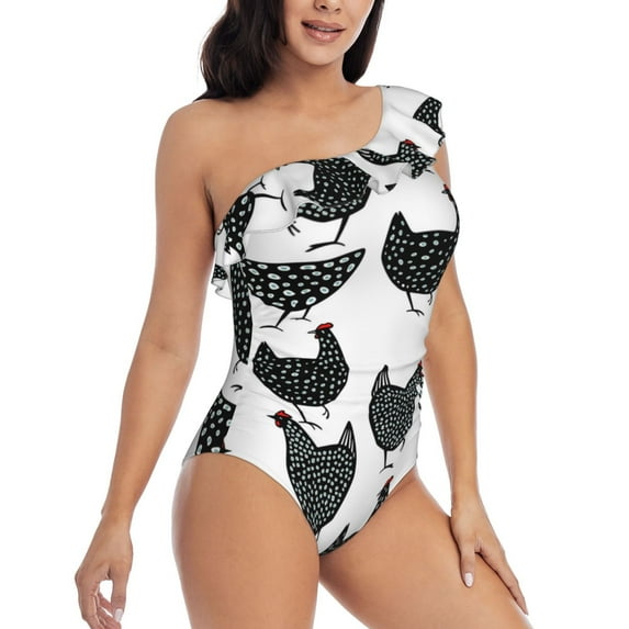 Yiaed Retro Rooster Print Women One Piece Swimsuits Tummy Control One Shoulder Bathing Suits Pattern Ruffle Swimwear-Large