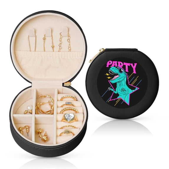 Yiaed Rex Dinosaur With Sunglasses Print Travel Jewelry Case Bridesmaid Gift Boxes Jewelry Travel Organizer Small Round Jewelry Box Mini Storage-Black