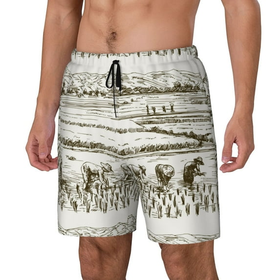 Yiaed Rice Harvest Print Mens Swim Trunks Bathing Suit Compression Liner Beach Swim Shorts Swimwear Quick Dry Zipper Pocket No-Chafing Board Short-Small