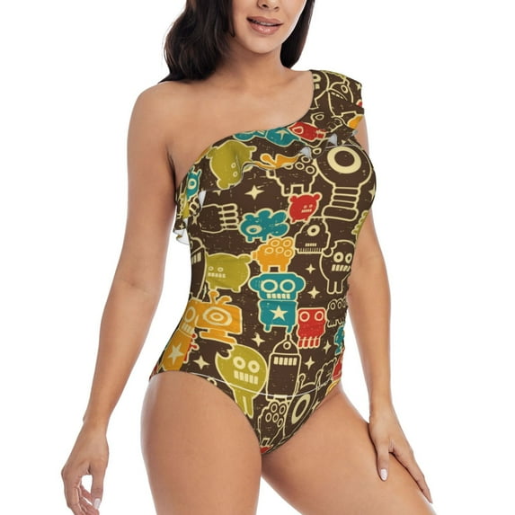 Yiaed Robot and Monsters Print Women One Piece Swimsuits Tummy Control One Shoulder Bathing Suits Pattern Ruffle Swimwear-Medium