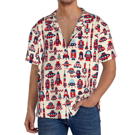 Yiaed Rocket Pattern Print Mens Casual Wrinkle Free Shirts Short Sleeve Button Down Summer Stretch Dress Shirt-Small