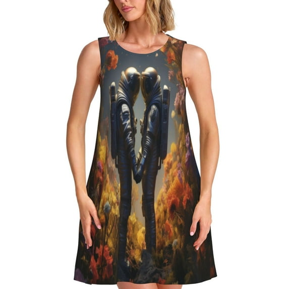 Yiaed Romantic Flower Astronaut Couple Print Women's Sleeveless Dress, Loose Fit Summer Dress, Casual Sleeveless Dress for Women