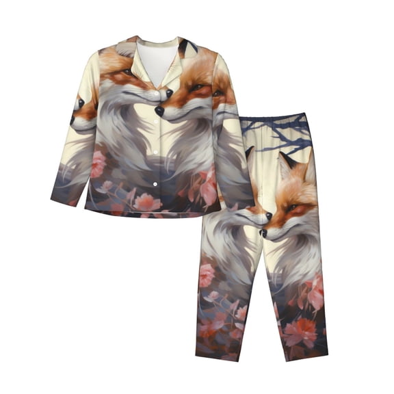 Yiaed Romantic Flower Fox Print Pajamas Women's Long Sleeve Sleepwear Soft Button Down Loungewear Pjs Lounge Set Nightwear Womens Pajama Pants-Small