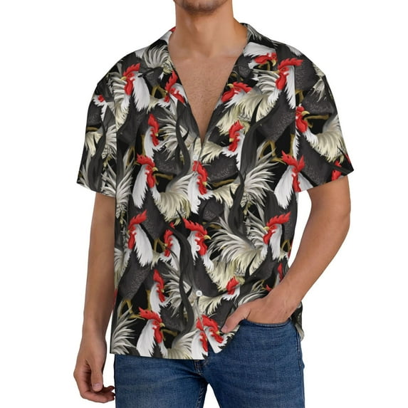 Yiaed Roosters 2 Print Mens Casual Wrinkle Free Shirts Short Sleeve Button Down Summer Stretch Dress Shirt-XX-Large