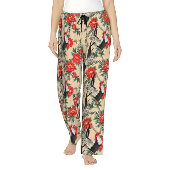 Yiaed Roosters And Peonies Flowers Print Womens Lounge Pants, Loose PJ Bottoms, Long Pajama Pants for Women-X-Large