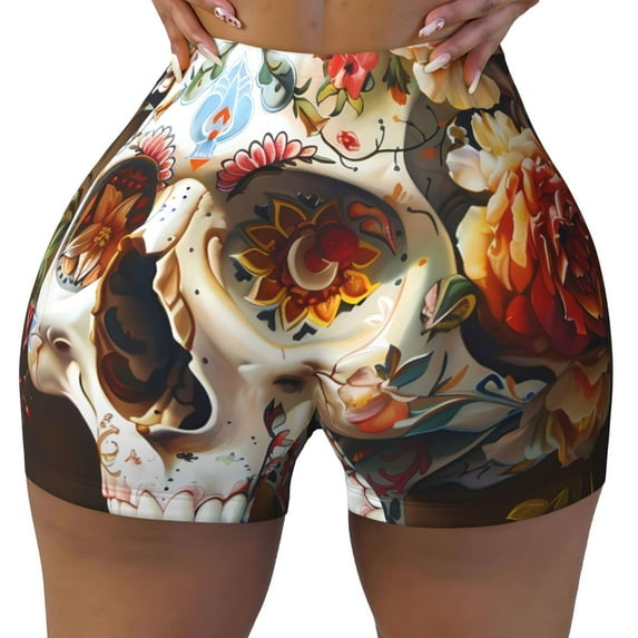 Yiaed Rose Floral Skull Print Women's Athletic Shorts Running Shorts Sporty Short High Waisted Elastic Workout Shorts for Yoga Gym Running & Sports -X-Large