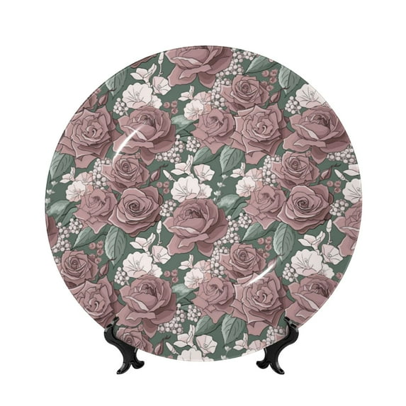 Yiaed Rose Flowers Print Bone China Decorative Plate Ceramic Dinner Plates Art Crafts with Display Stand-7in