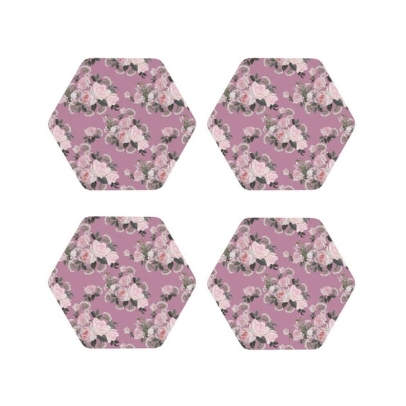 Yiaed Rose Flowers Print Leather Coasters for Drinks - Cup Coasters Coffee Table Kitchen Table Bar, Home & Office Gifts Handmade Drink Coasters-Hexagon