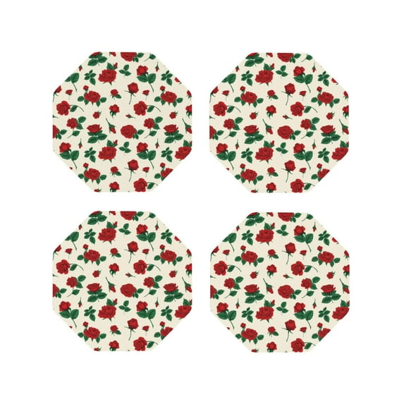 Yiaed Rose Flowers Print Leather Coasters for Drinks - Cup Coasters Coffee Table Kitchen Table Bar, Home & Office Gifts Handmade Drink Coasters-Octagon