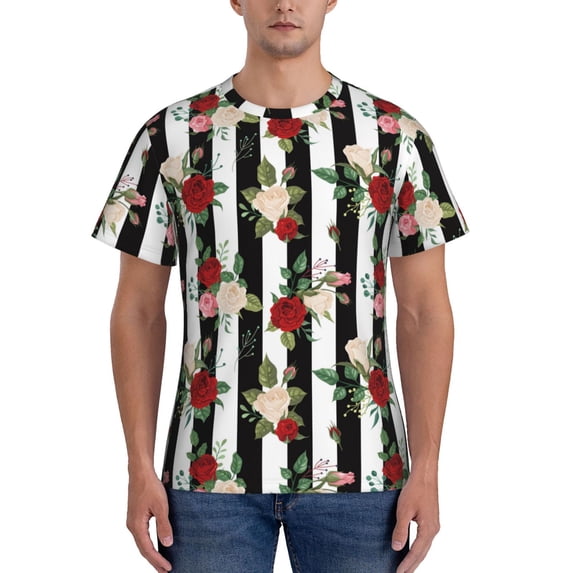 Yiaed Rose Flowers Print Mens Short Sleeve Tight Fit T-Shirt, Crewneck Casual Tee-Small