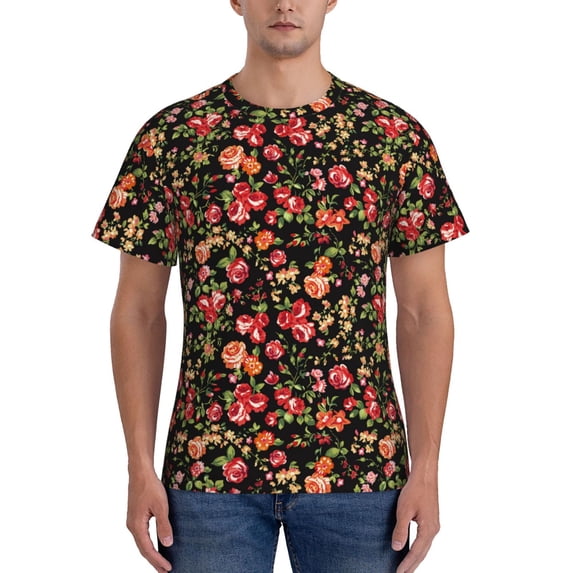 Yiaed Rose Flowers Print Mens Short Sleeve Tight Fit T-Shirt, Crewneck Casual Tee-X-Large