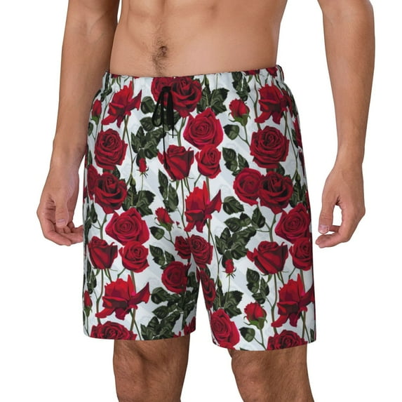 Yiaed Rose Flowers Print Mens Swim Trunks Bathing Suit Compression Liner Beach Swim Shorts Swimwear Quick Dry Zipper Pocket No-Chafing Board Short-Large