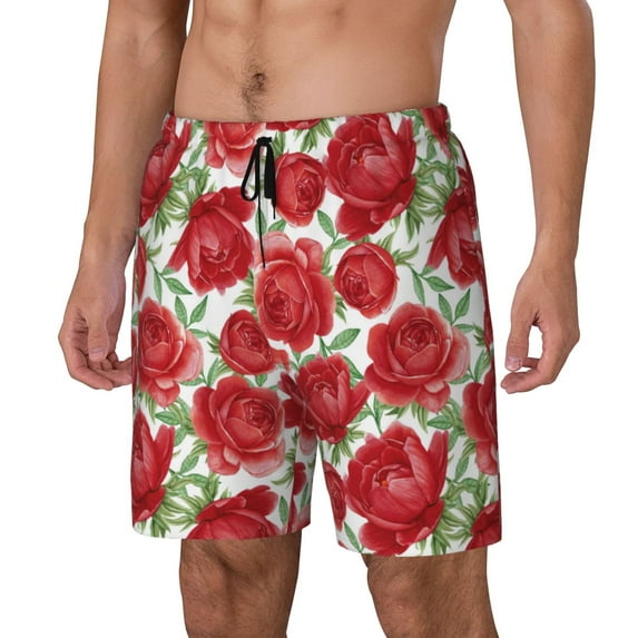 Yiaed Rose Flowers Print Mens Swim Trunks Bathing Suit Compression Liner Beach Swim Shorts Swimwear Quick Dry Zipper Pocket No-Chafing Board Short-Medium
