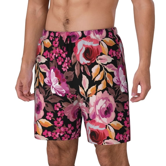 Yiaed Rose Flowers Print Mens Swim Trunks Bathing Suit Compression Liner Beach Swim Shorts Swimwear Quick Dry Zipper Pocket No-Chafing Board Short-X-Large