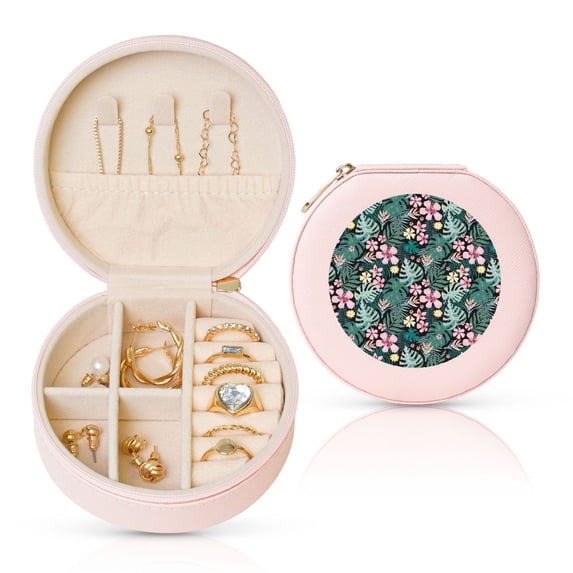 Yiaed Rose Flowers Print Travel Jewelry Case Bridesmaid Gift Boxes Jewelry Travel Organizer Small Round Jewelry Box Mini Storage-Pink
