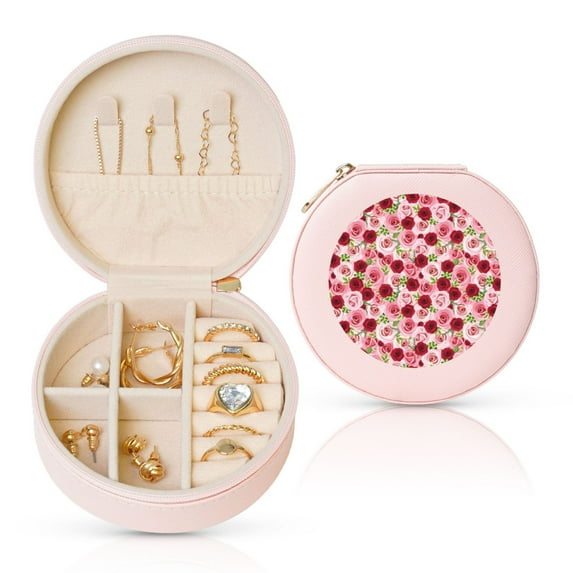 Yiaed Rose Flowers Print Travel Jewelry Case Bridesmaid Gift Boxes Jewelry Travel Organizer Small Round Jewelry Box Mini Storage-Pink