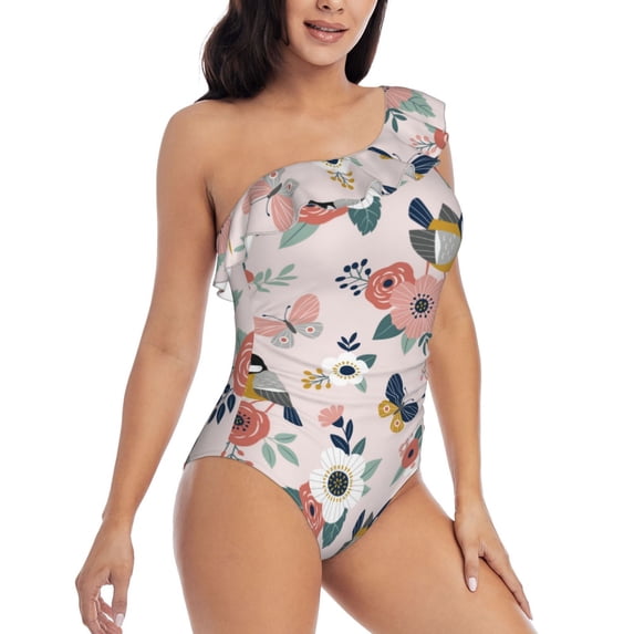 Yiaed Rose Flowers Print Women One Piece Swimsuits Tummy Control One Shoulder Bathing Suits Pattern Ruffle Swimwear-Large