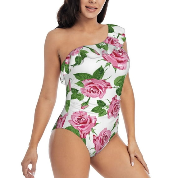 Yiaed Rose Flowers Print Women One Piece Swimsuits Tummy Control One Shoulder Bathing Suits Pattern Ruffle Swimwear-Large