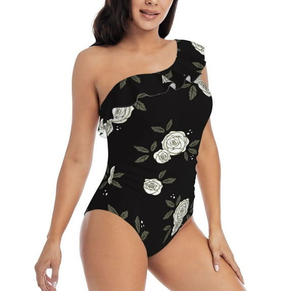 Yiaed Rose Flowers Print Women One Piece Swimsuits Tummy Control One Shoulder Bathing Suits Pattern Ruffle Swimwear-Small