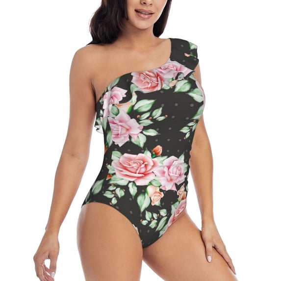Yiaed Rose Flowers Print Women One Piece Swimsuits Tummy Control One Shoulder Bathing Suits Pattern Ruffle Swimwear-X-Large