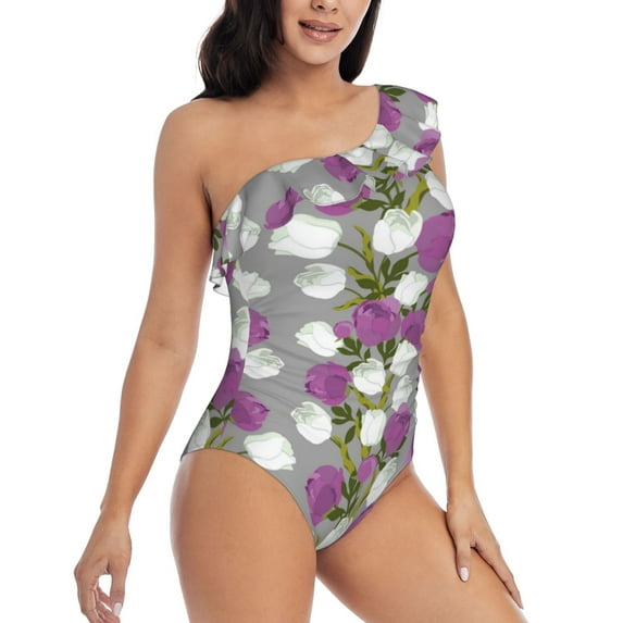Yiaed Rose Flowers Print Women One Piece Swimsuits Tummy Control One Shoulder Bathing Suits Pattern Ruffle Swimwear-X-Large
