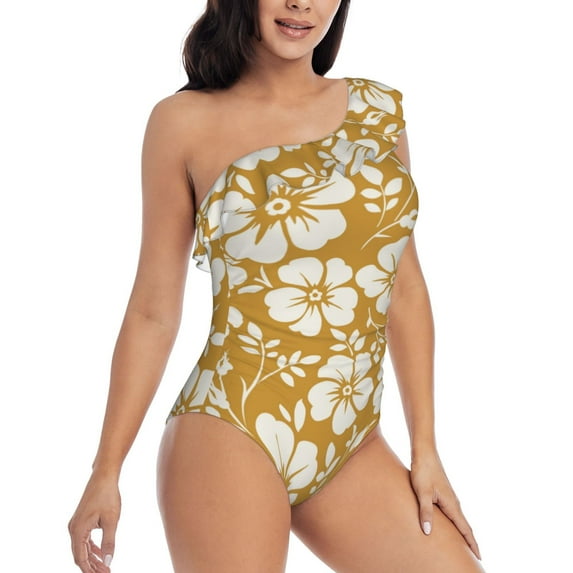 Yiaed Rose Flowers Print Women One Piece Swimsuits Tummy Control One Shoulder Bathing Suits Pattern Ruffle Swimwear-XX-Large