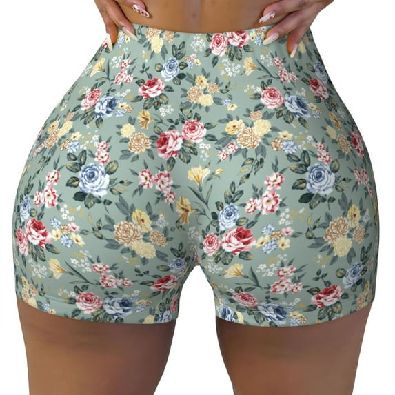 Yiaed Rose Flowers Print Women's Athletic Shorts Running Shorts Sporty Short High Waisted Elastic Workout Shorts for Yoga Gym Running & Sports -Medium