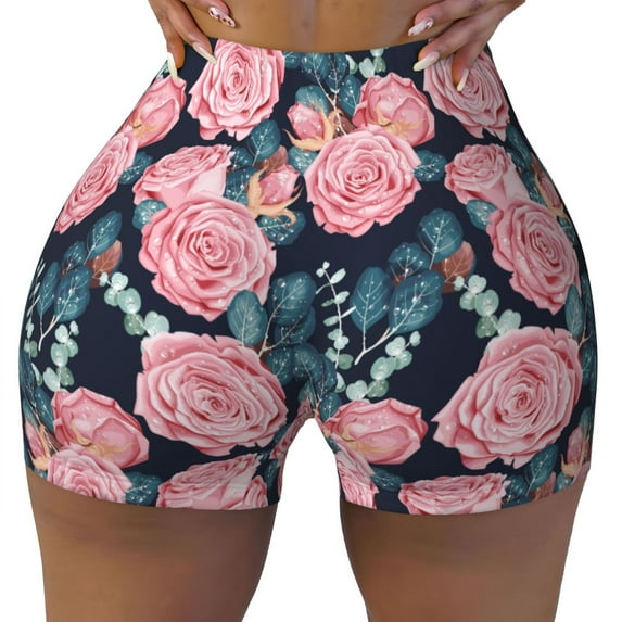 Yiaed Rose Flowers Print Women's Athletic Shorts Running Shorts Sporty Short High Waisted Elastic Workout Shorts for Yoga Gym Running & Sports -Small