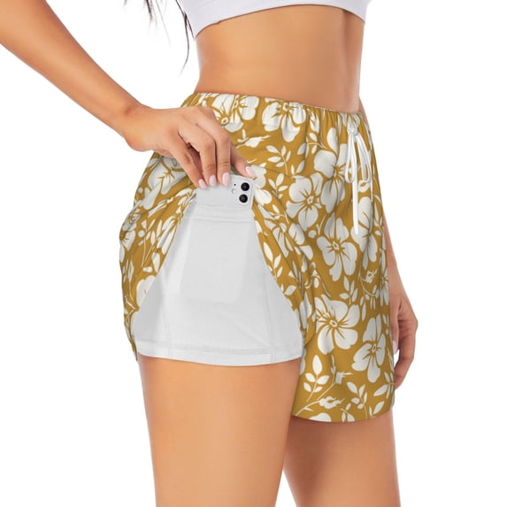 Yiaed Rose Flowers Print Women's Running Shorts with Liner 3 Zipper Pockets Elastic Workout Athletic Gym Yoga Shorts-Medium