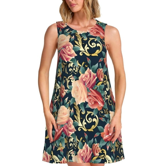 Yiaed Rose Flowers Print Women's Sleeveless Dress, Loose Fit Summer Dress, Casual Sleeveless Dress for Women