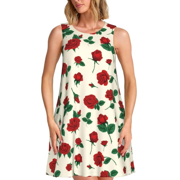 Yiaed Rose Flowers Print Women's Sleeveless Dress, Loose Fit Summer Dress, Casual Sleeveless Dress for Women