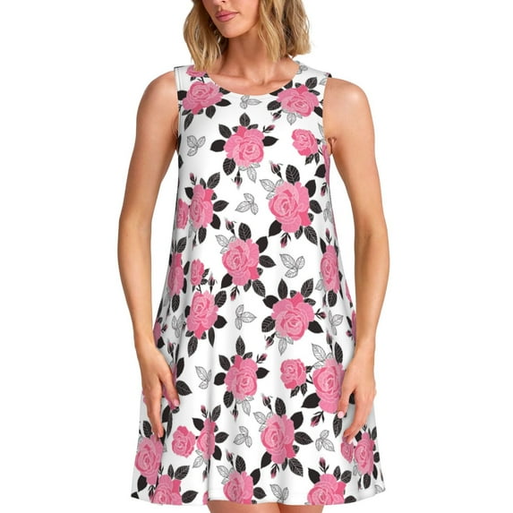 Yiaed Rose Flowers Print Women's Sleeveless Dress, Loose Fit Summer Dress, Casual Sleeveless Dress for Women