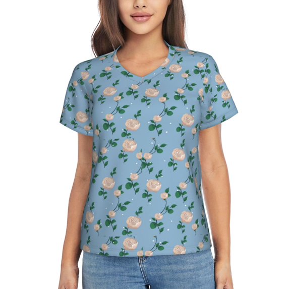 Yiaed Rose Flowers Print Women's T Shirt V-Neck Short Sleeve Shirt Casual Breathable Tee Summer Tops-3X-Large