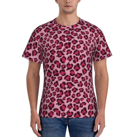 Yiaed Rose Leopard Print Print Mens Short Sleeve Tight Fit T-Shirt, Crewneck Casual Tee-X-Large