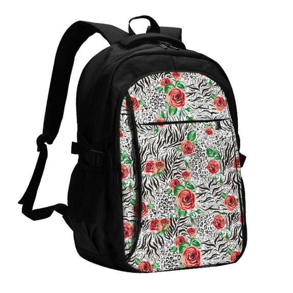 Yiaed Roses Mixed Zebra 1 Print Laptop Backpack,Business Travel Durable Laptops Backpack with USB Charging Port,Water Resistant College Computer Bag