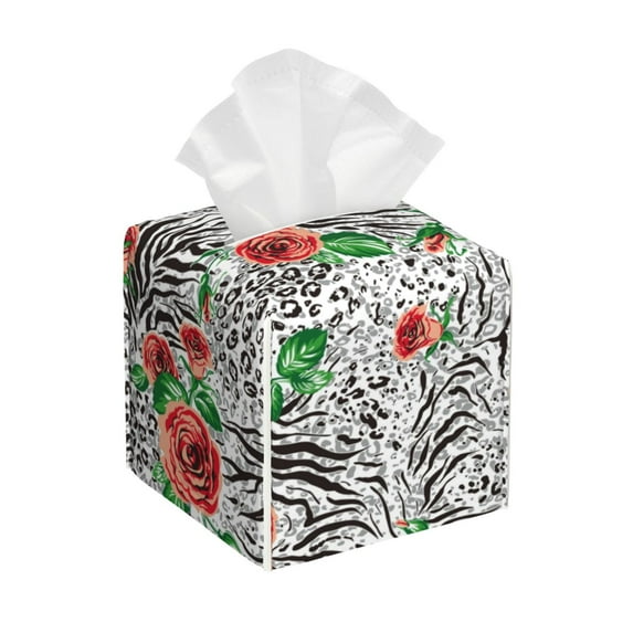 Yiaed Roses Mixed Zebra 1 Print Tissue Box Cover, PU Leather Decorative Organizer for Tabletop, Bathroom, Car, Office Creative Decorative
