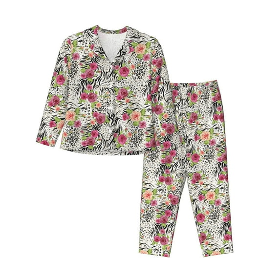 Yiaed Roses Mixed Zebra Print Pajamas Women's Long Sleeve Sleepwear Soft Button Down Loungewear Pjs Lounge Set Nightwear Womens Pajama Pants-Small